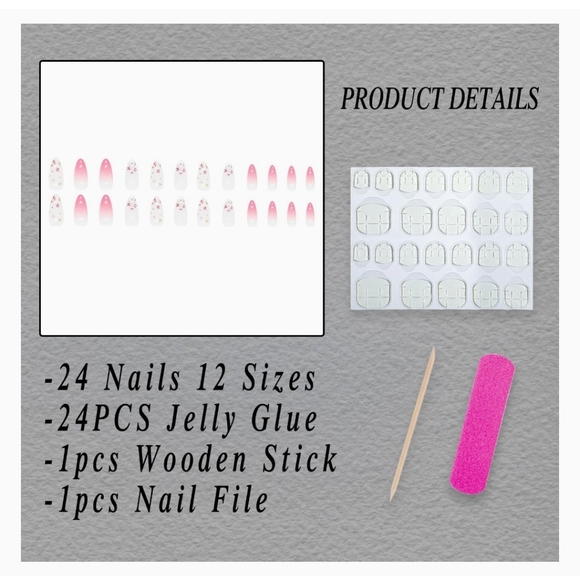 Floral Pink French Full Cover Stick on Nails Almond Glossy Gradient Pink NWT - Picture 5 of 6